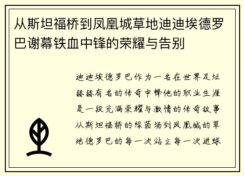 从斯坦福桥到凤凰城草地迪迪埃德罗巴谢幕铁血中锋的荣耀与告别 从斯坦福桥到凤凰城草地迪迪埃德罗巴谢幕铁血中锋的荣耀与告别